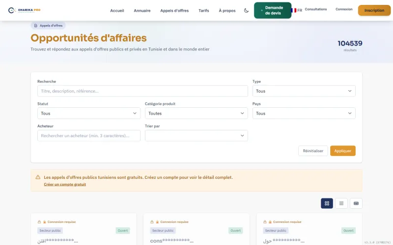 Liste des appels d'offres de Charika Pro avec ses filtres de recherche