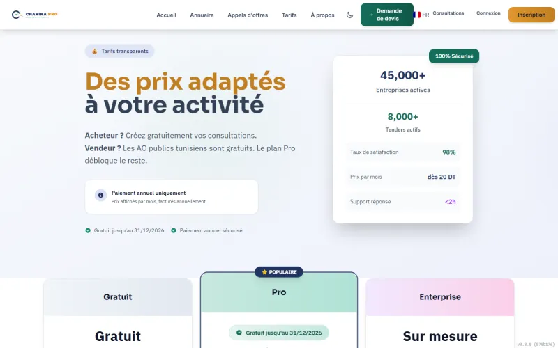 Page des offres Gratuit, Pro et Entreprise de Charika Pro
