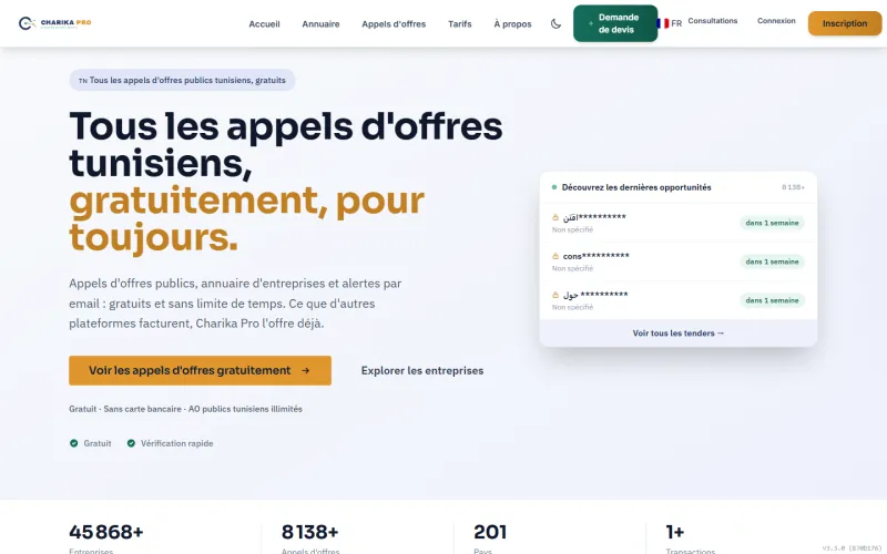 Page d'accueil de la plateforme Charika Pro