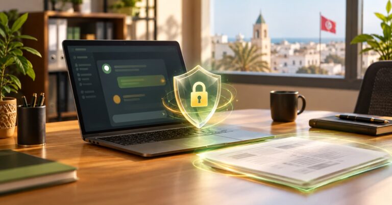 Ordinateur portable avec un assistant IA et un bouclier de sécurité, symbole de la protection des données en entreprise